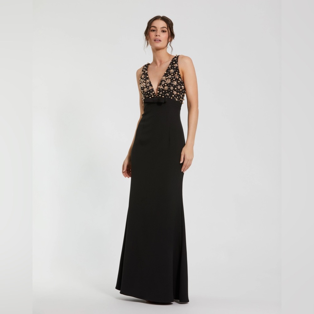 Mac Duggal Black Maxi Dress with Gold Accents
